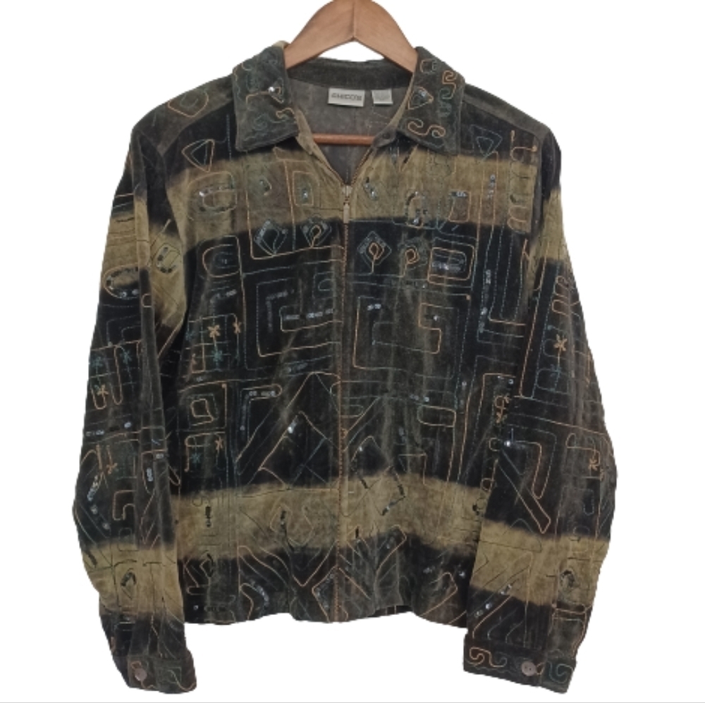 Chico's Western Faux Suede Tribal Embroidered Jacket Size 1 Chico's Tan Brown